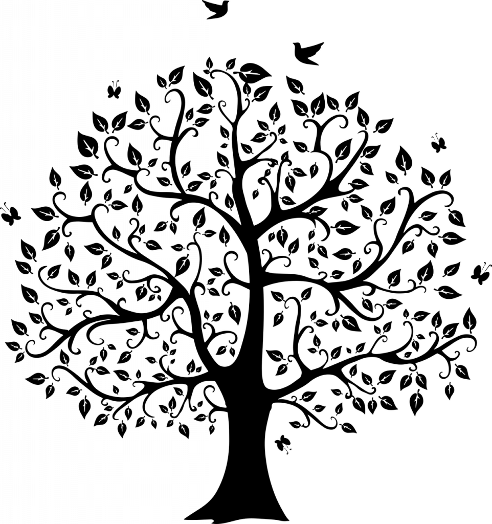 symbole d'un arbre de vie avec papillons et oiseaux en noir et blanc